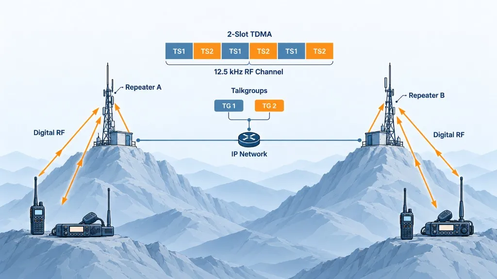 Dijagram DMR repetitora povezanih preko IP mreže sa TDMA slotovima