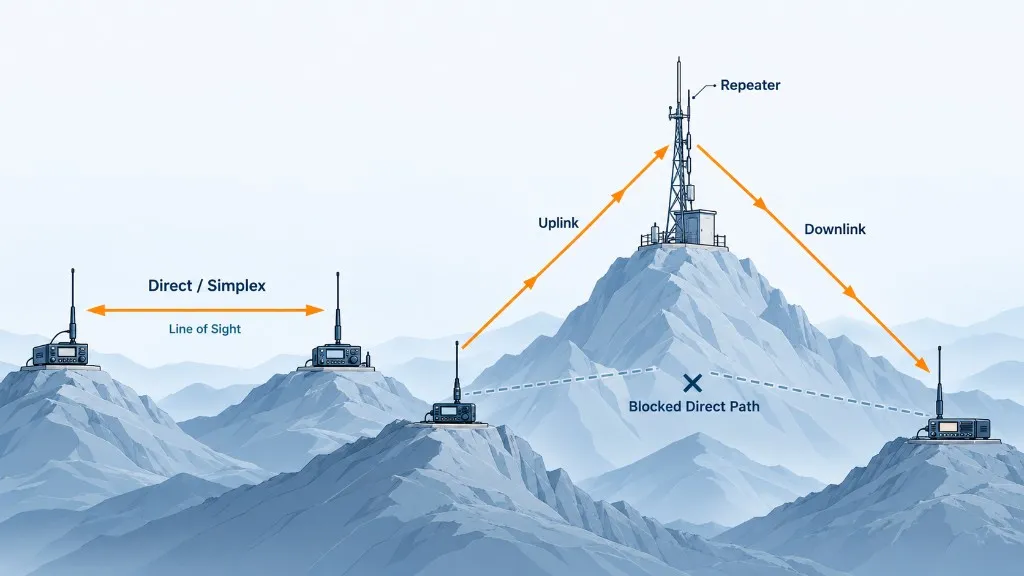Dijagram VHF/UHF simplex veze i rada preko repetitora