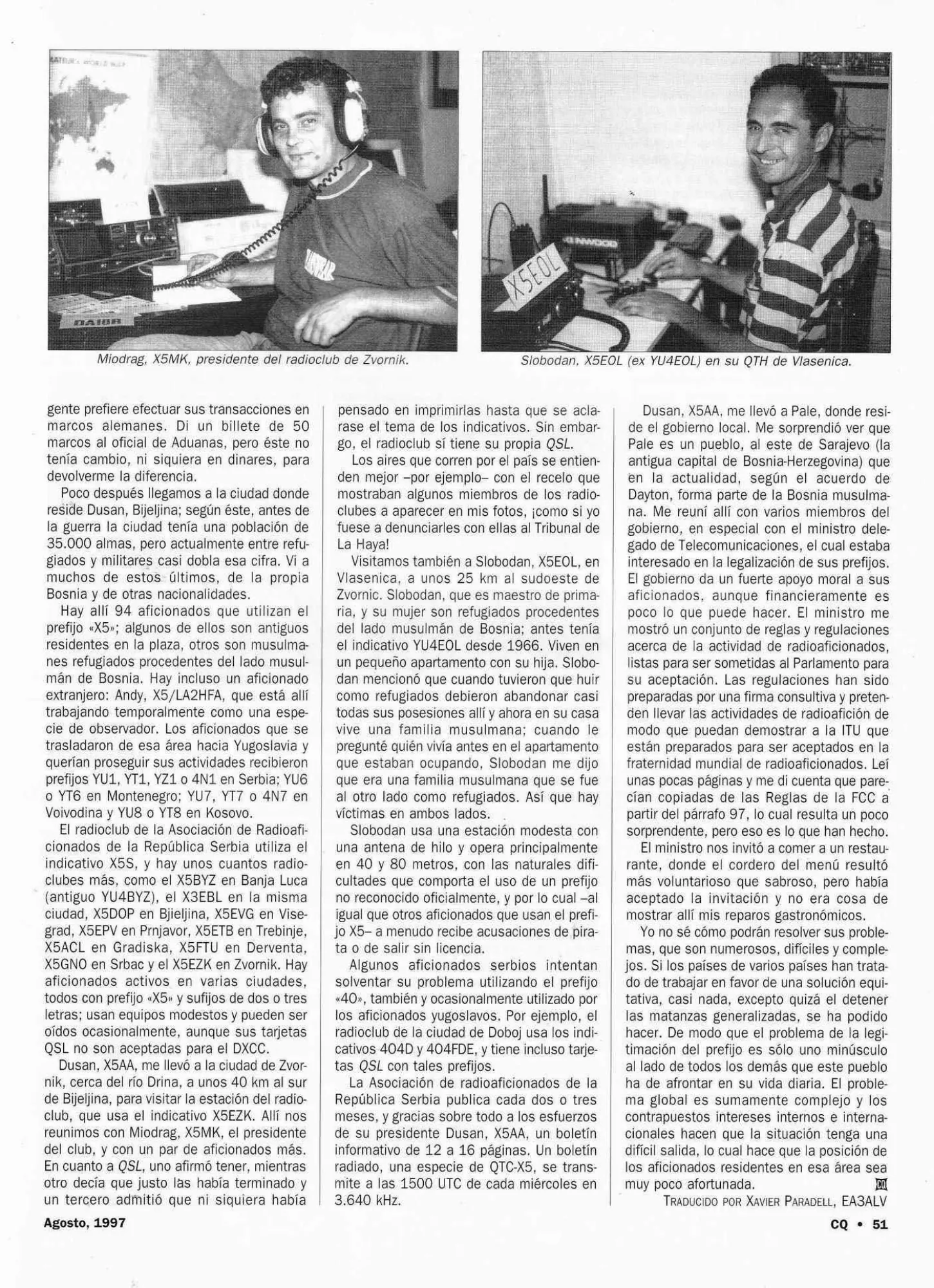 Radioaficionados avgust 1997 — originalna stranica časopisa sa pominjanjem X5BYZ / YU4BYZ