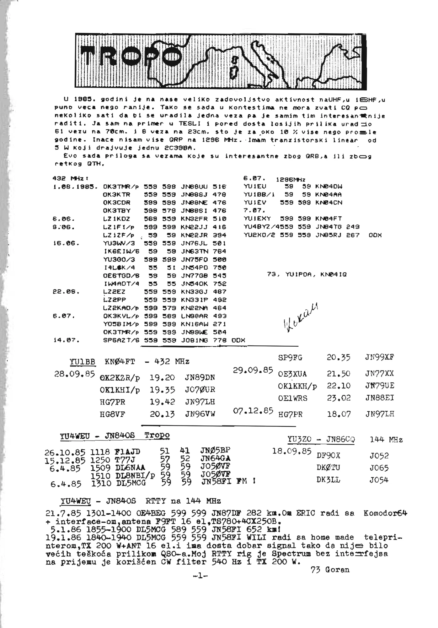 YU VHF/UHF Bilten 9/1984 — originalna stranica biltena sa pominjanjem YU4BYZ