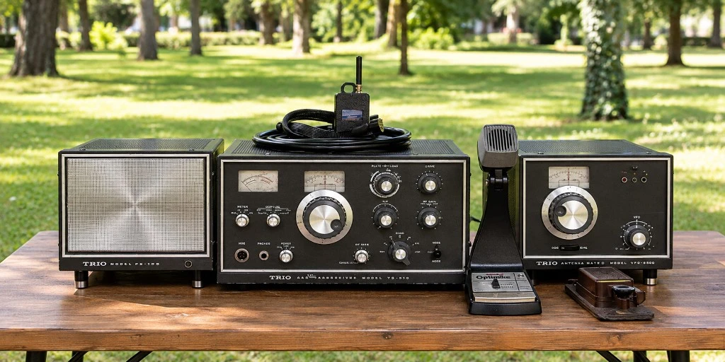 Restaurirana terenska Kenwood Trio TS-510 stanica sa mikrofonom i Morzeovim ključem